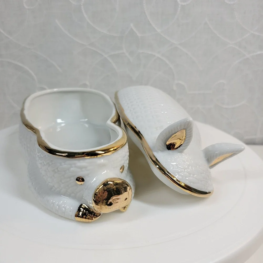 Bone China Porcelain Pig Hinged Trinket Jewelry Box w/ 18k Gold Accent